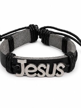 Jesus Black Leather Bracelet Adjustable Christian Faith Bracelet Unisex Gift